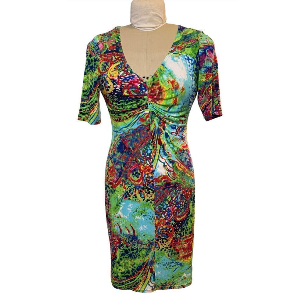 Joseph Ribkoff Colorful Stretch Ruched Dress Sz. 6 Wearable Art Flattering